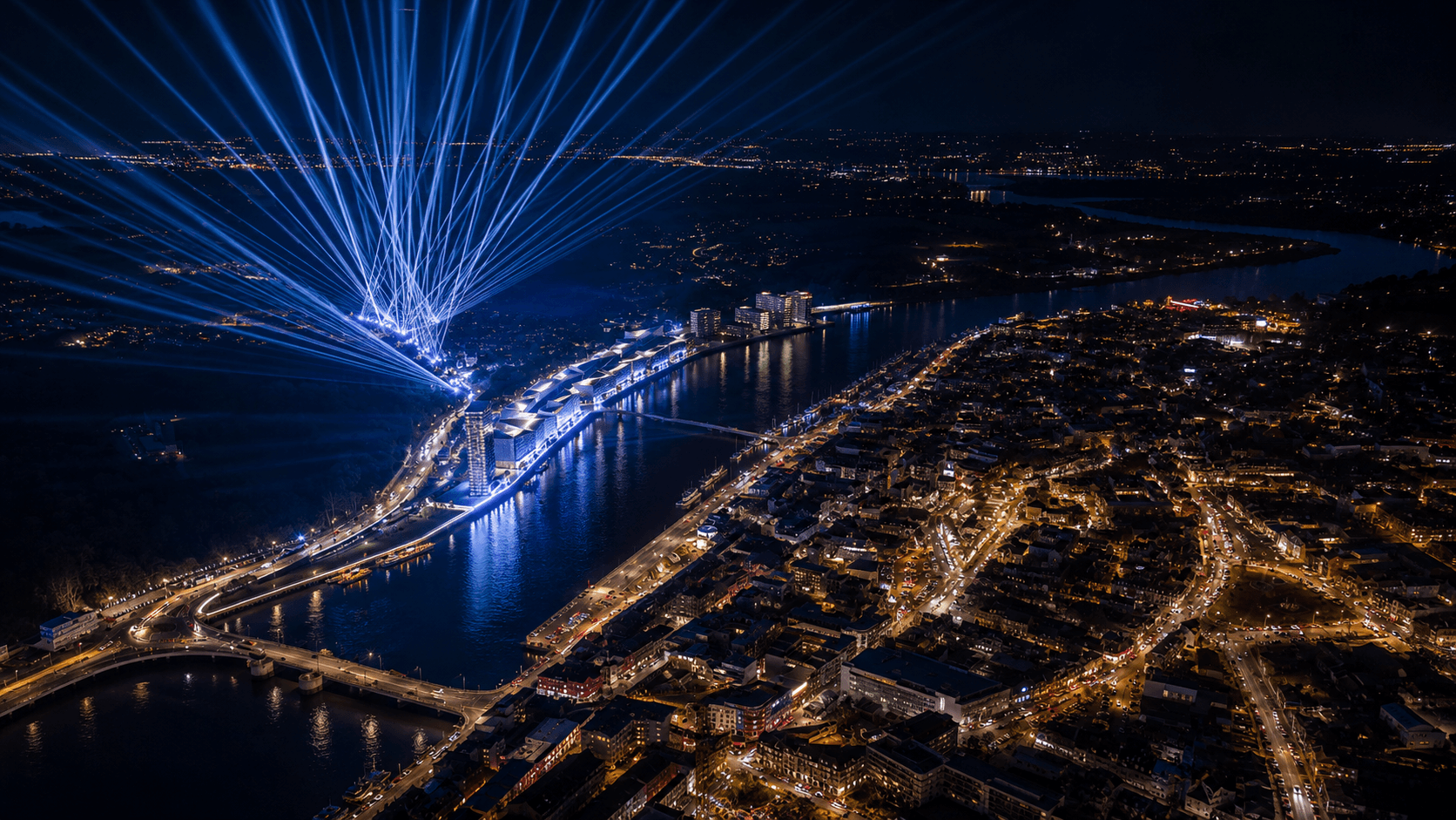 Aerial view of the light show over the River Suir at Waterford